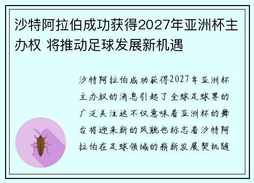 沙特阿拉伯成功获得2027年亚洲杯主办权 将推动足球发展新机遇